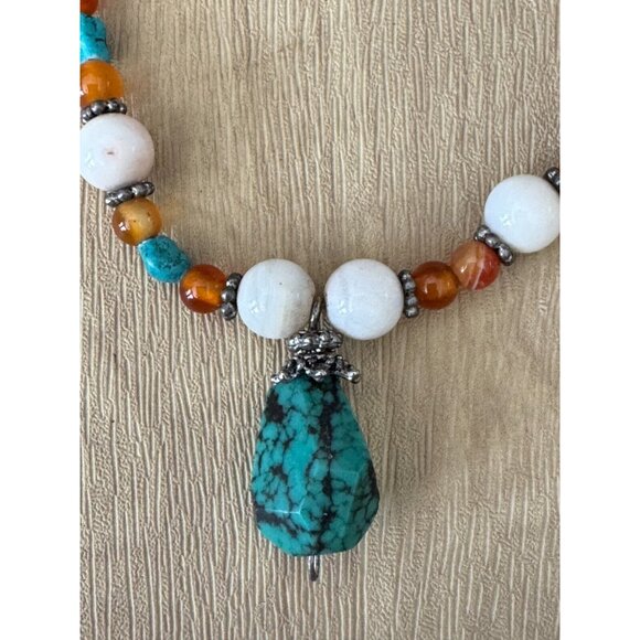 Vintage Long Beaded Necklace With Turquoise Pendant & Tiger Eye Beads - Picture 4 of 11